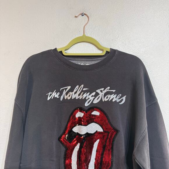 Rolling Stones Charcoal Sequin Tongue Graphic Crewneck Sweatshirt Sz M - Picture 3 of 11